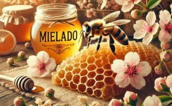 A honeybee on a honeycomb beside a jar labeled "Mielado," surrounded by blooming flowers.