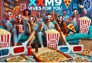 Group of friends celebrating movie night with pizza, popcorn, and 3D glasses.XM9viesForYou